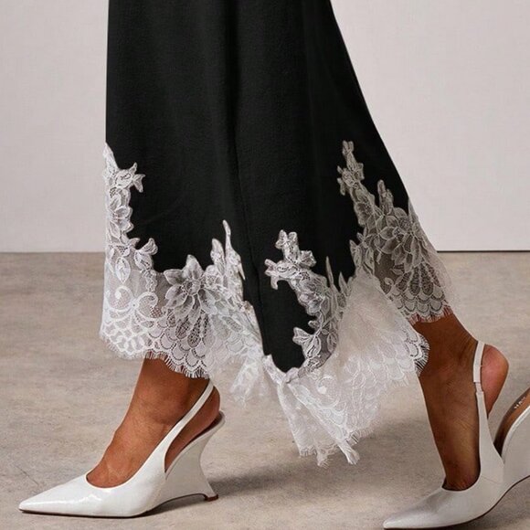 Black Elegant Women's Knit Sweater Lace detailed Dress & Cardigan Set - Picture 10 of 14